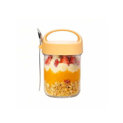 Soko Overnight Oats Glass Jar with Lid and Spoon | Portable Mason Oatmeal Container | On-The-Go Breakfast Cup | Large Kitchen Storage for Healthy Eating - Fruit, Milk, Salad, Nuts, Yogurt - Yellow - Image 1