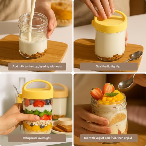 Soko Overnight Oats Glass Jar with Lid and Spoon | Portable Mason Oatmeal Container | On-The-Go Breakfast Cup | Large Kitchen Storage for Healthy Eating - Fruit, Milk, Salad, Nuts, Yogurt - Yellow - Image 3