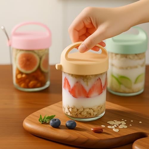 Soko Overnight Oats Glass Jar with Lid and Spoon | Portable Mason Oatmeal Container | On-The-Go Breakfast Cup | Large Kitchen Storage for Healthy Eating - Fruit, Milk, Salad, Nuts, Yogurt - Yellow - Image 2