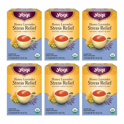 Yogi Tea شاي يوجي بالعسل والخزامى لتخفيف التوتر 16 كيس شاي لكل عبوة 6 عبوات شاي البابونج والخزامى العضوي يشمل بلسم الليمون وعشب الليمون وورق النعناع وورق النعناع بنكهة العسل والمزيد - Image 1