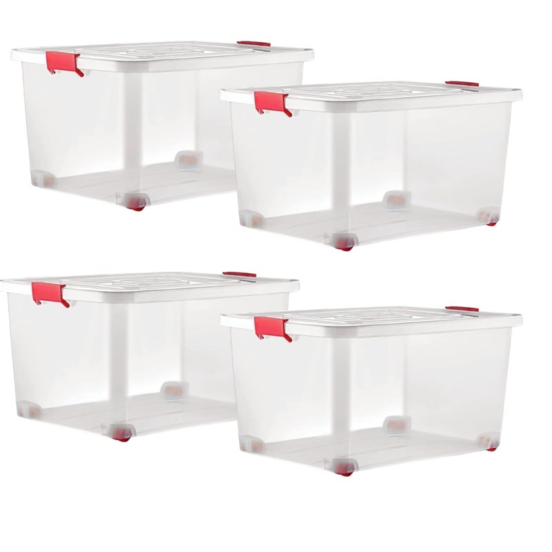 Regalo Regalo Transparent Rectangular Plastic Container Multipurpose Storage Box with Lid, Locks, Wheels (Medium- 45Ltr, Packof4) 