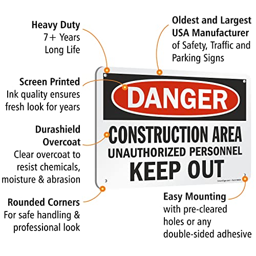 SmartSign "Danger - Construction Area, Unauthorized Personnel Keep Out" Sign | 7" x 10" Aluminum - Image 4