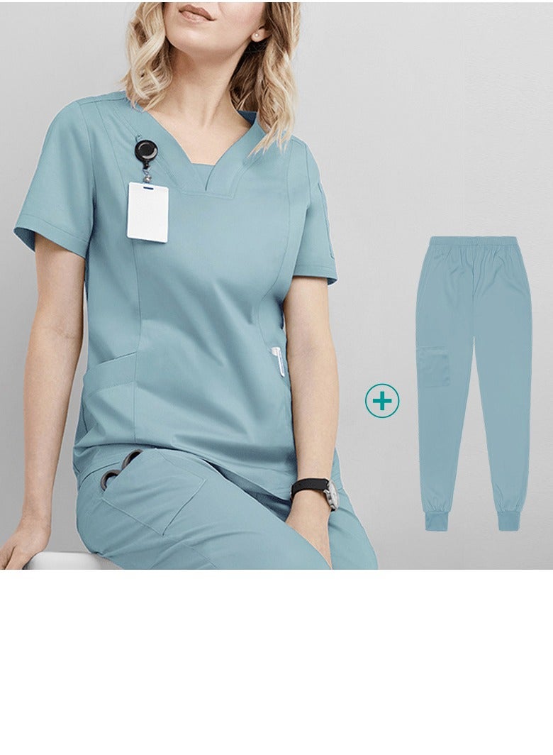 Loquat Solid Color Medical Uniform Scrubs Set Medical Scrubs 2 Piece Set Top and Pants Suit Pale Blue  - Image 1
