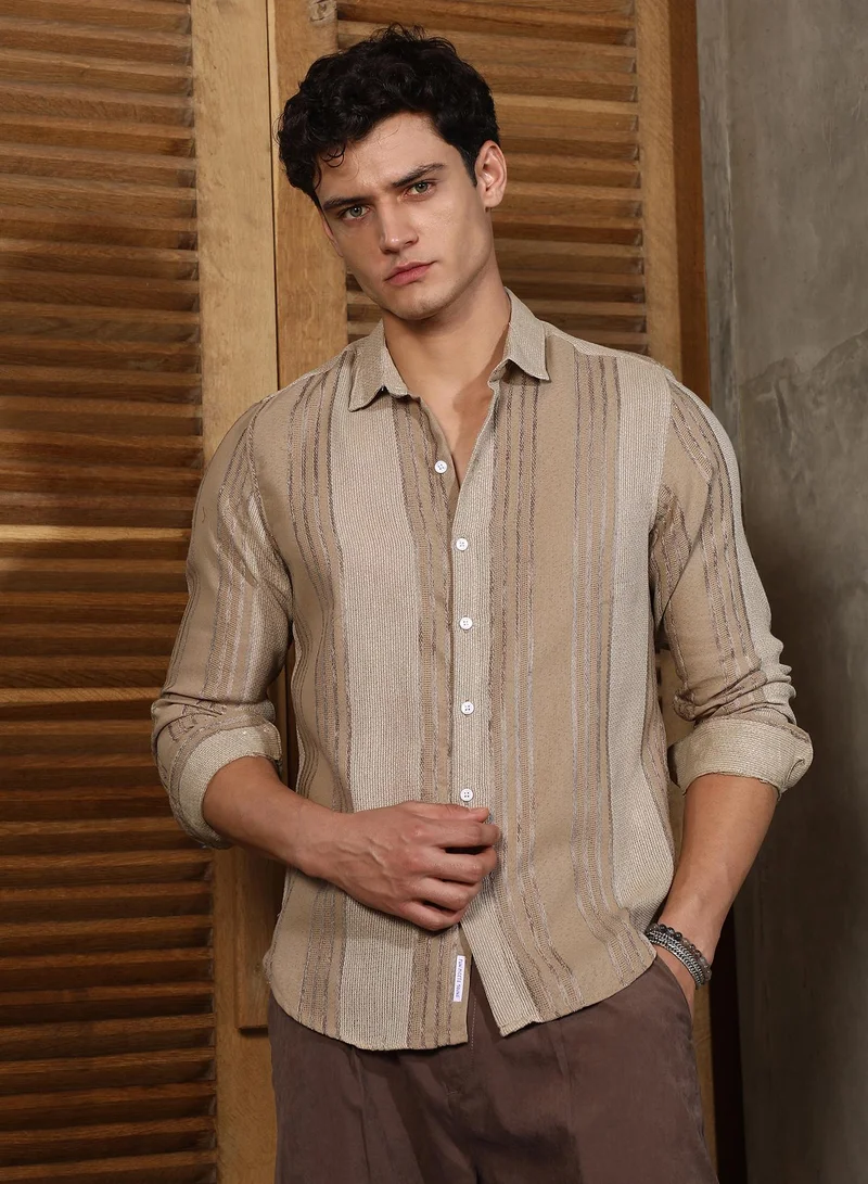 Campus Sutra Campus Sutra Men's Sand Beige Multitrack Stripe-Woven Shirt For Casual Wear | Spread Collar | Long Cuffed Sleeves | Button Closure | Shirt Crafted With Comfort Fit For Everyday Wear