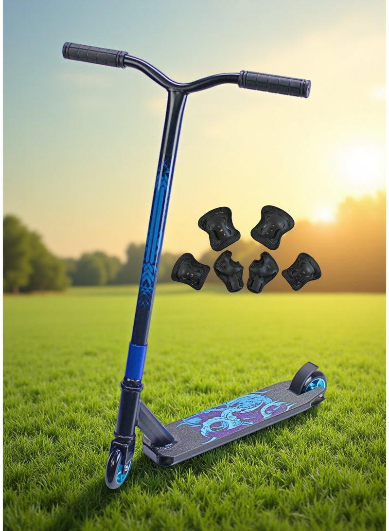 EASY FUTURE 2 Wheels Stunt Scooter – Pro Trick Scooter with Aluminium Deck & Grip Tape, 110 mm Alloy Wheels, Wide T-Bar Handlebars, Steel Brake, Lightweight 360° Stunts for Beginners & Intermediates Including Protective Gear Set - Image 1