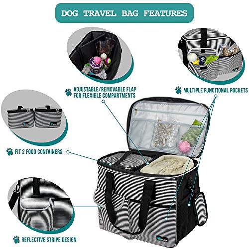 PetAmi Dog Travel Bag - Organizer with Food Container, Bowls & Accessories for Weekend Camping, Cat Diaper Bag (Stripe Black, Large) - Image 4