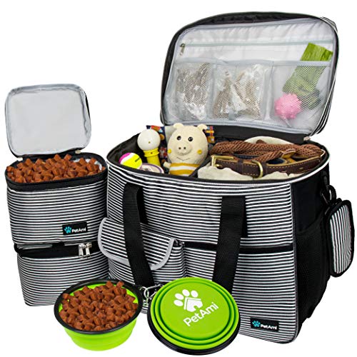 PetAmi Dog Travel Bag - Organizer with Food Container, Bowls & Accessories for Weekend Camping, Cat Diaper Bag (Stripe Black, Large) - Image 1