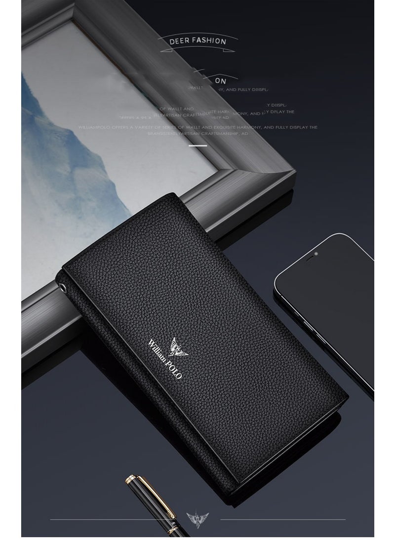 ويليامبولو محفظة جلدية طويلة للرجال WilliamPolo مع ثلاثة أضعاف متعددة الوظائف طبقة رأس جلد محفظة الأعمال العادية - Image 3