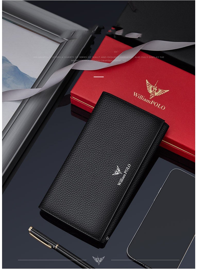 ويليامبولو محفظة جلدية طويلة للرجال WilliamPolo مع ثلاثة أضعاف متعددة الوظائف طبقة رأس جلد محفظة الأعمال العادية - Image 5