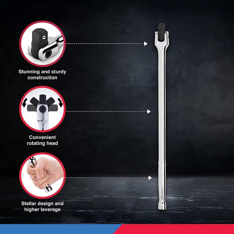 Neiko 00200A 1/2" Drive Extension Breaker Bar - 15" Length with Rotating Flex Head, Chrome Vanadium Steel - Image 4