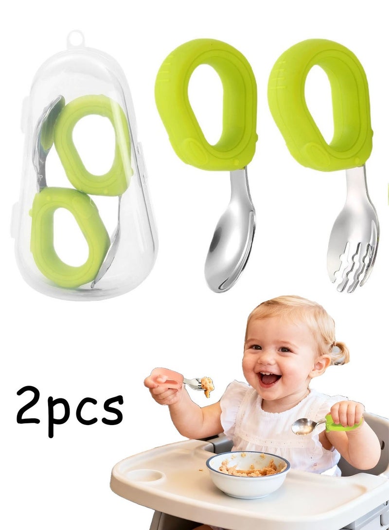 Baby Forks and Spoons Set with Case- Kids Stainless Steel Feeding Utensil - Children Safe - Self Feeding - Dishwasher Safe (Green) - Image 1