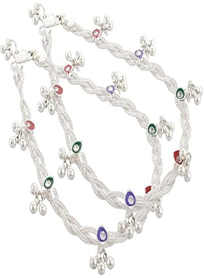 Ligament Girls Women's Silver Plated & Brass Stylish Thin Size Anklets Payal Ghungroo (White pack Of 2) - Image 1