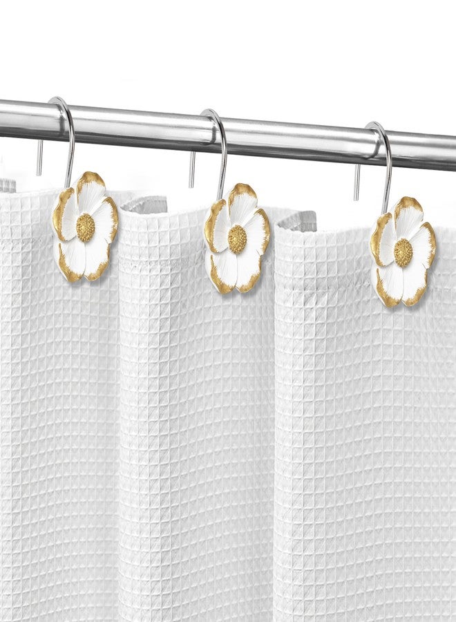Sunlit Flower Shower Curtain Hooks, Home Decorative Shower Curtain Rings for Bathroom, Resin, White with Gold Edges Floral Shower Curtain Hanger Hooks for Living Room, Set of 12 - Image 4