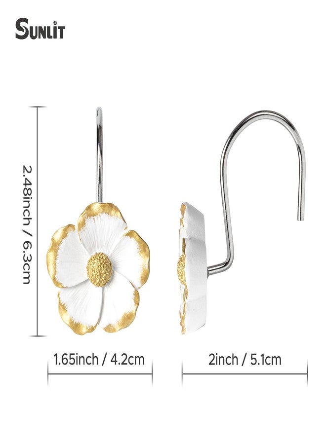 Sunlit Flower Shower Curtain Hooks, Home Decorative Shower Curtain Rings for Bathroom, Resin, White with Gold Edges Floral Shower Curtain Hanger Hooks for Living Room, Set of 12 - Image 3