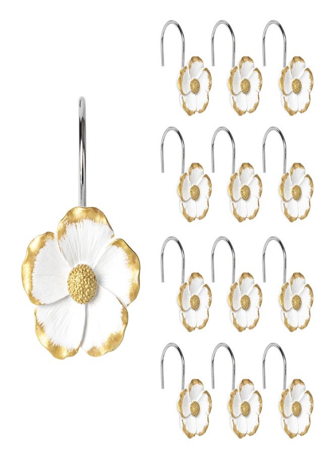Sunlit Flower Shower Curtain Hooks, Home Decorative Shower Curtain Rings for Bathroom, Resin, White with Gold Edges Floral Shower Curtain Hanger Hooks for Living Room, Set of 12 - Image 1