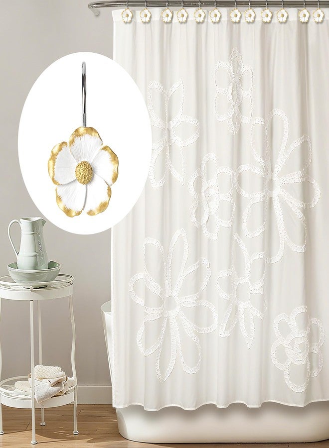 Sunlit Flower Shower Curtain Hooks, Home Decorative Shower Curtain Rings for Bathroom, Resin, White with Gold Edges Floral Shower Curtain Hanger Hooks for Living Room, Set of 12 - Image 5