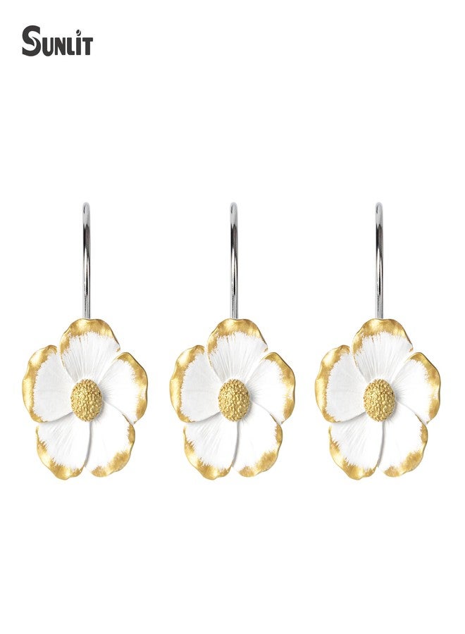 Sunlit Flower Shower Curtain Hooks, Home Decorative Shower Curtain Rings for Bathroom, Resin, White with Gold Edges Floral Shower Curtain Hanger Hooks for Living Room, Set of 12 - Image 2
