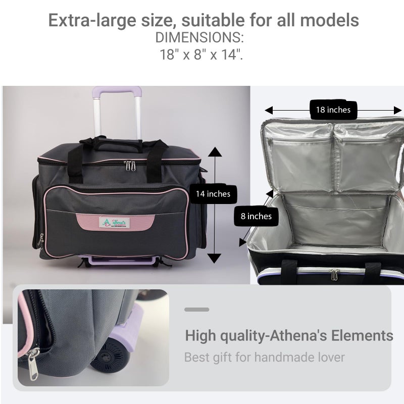 Athena's Elements Athena's Rolling Sewing Machine Case with 4 Wheels, Sewing Machine Carrying Case, Black with Purple Trim, Detachable Rolling Dolly, Multiple Storage Compartments, Standard Size (Silver Grey) - Image 5