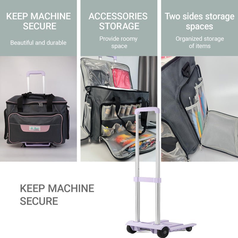 Athena's Elements Athena's Rolling Sewing Machine Case with 4 Wheels, Sewing Machine Carrying Case, Black with Purple Trim, Detachable Rolling Dolly, Multiple Storage Compartments, Standard Size (Silver Grey) - Image 4