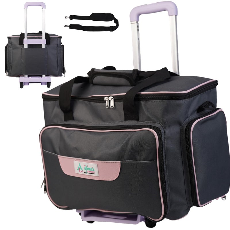 Athena's Elements Athena's Rolling Sewing Machine Case with 4 Wheels, Sewing Machine Carrying Case, Black with Purple Trim, Detachable Rolling Dolly, Multiple Storage Compartments, Standard Size (Silver Grey) - Image 1
