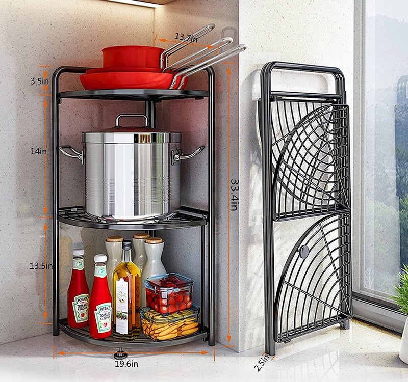 VIKIJO Kitchen Corner Shelf Rack MultiLayer Pot Rack Storage Organizer Stainless Steel Shelves Shelf Holder Heavy Duty Rack Black 3 Tier Corner - Image 2