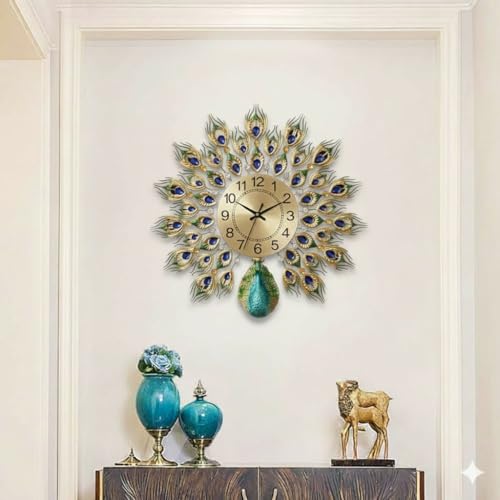 R RUNILEX Luxury European Home Decoration Creative Personality Crystal Art Metal Blue Wall Clock for Living Room Analog (Antique, 62 * 37 * 6.8 cm) - Image 1