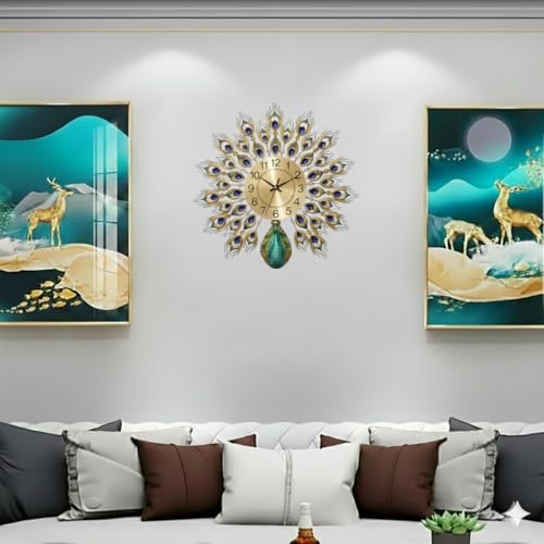 R RUNILEX Luxury European Home Decoration Creative Personality Crystal Art Metal Blue Wall Clock for Living Room Analog (Antique, 62 * 37 * 6.8 cm) - Image 2