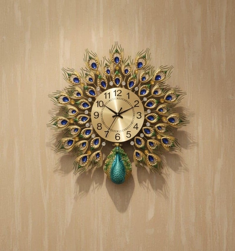 R RUNILEX Luxury European Home Decoration Creative Personality Crystal Art Metal Blue Wall Clock for Living Room Analog (Antique, 62 * 37 * 6.8 cm) - Image 5