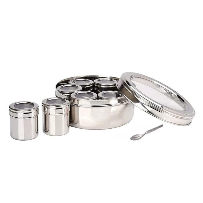 7 IN 1 STAINLESS STEEL MASALA BOX FOR KITCHEN SPICE BOX MASALA CONTAINER MASALA DANI WITH INDIVIDUAL SEE THROUGH LID 1 SPOON