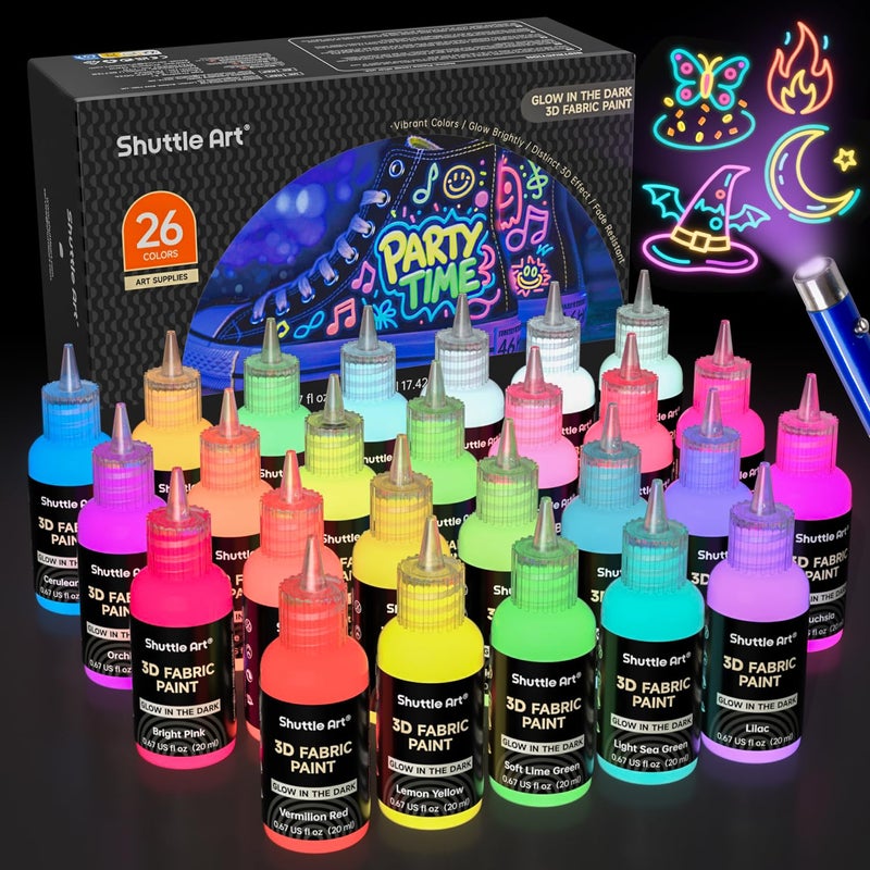 Shuttle Art Glow in the Dark Paint 26 Colors 3D Fabric Paint with 1 Mini UV Light 3 Brushes Great for TShirts Shoes Jeans Bags DIY Projects Pumpkins and Halloween Decorations - Image 2