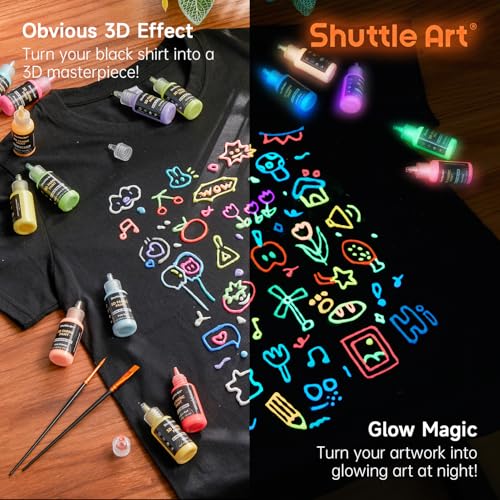 Shuttle Art Glow in the Dark Paint 26 Colors 3D Fabric Paint with 1 Mini UV Light 3 Brushes Great for TShirts Shoes Jeans Bags DIY Projects Pumpkins and Halloween Decorations - Image 3