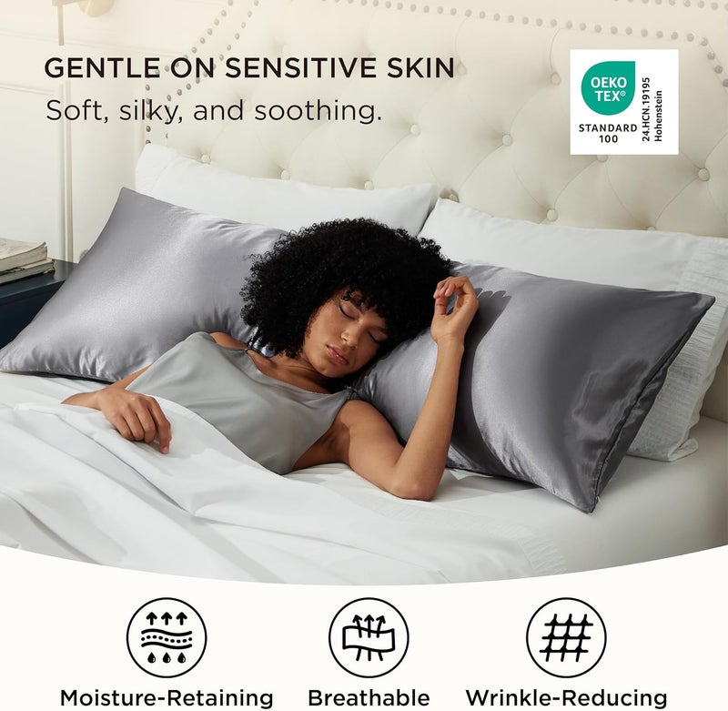 Bedsure Satin Body Pillow Pillowcase, Similar to Silk Body Pillow Cover with Zipper, Soft & Breathable Long Pillow Case, Cooling & Silky Long Pillowcase for Hair and Skin, Dark Grey, 20x54 Inches - Image 2