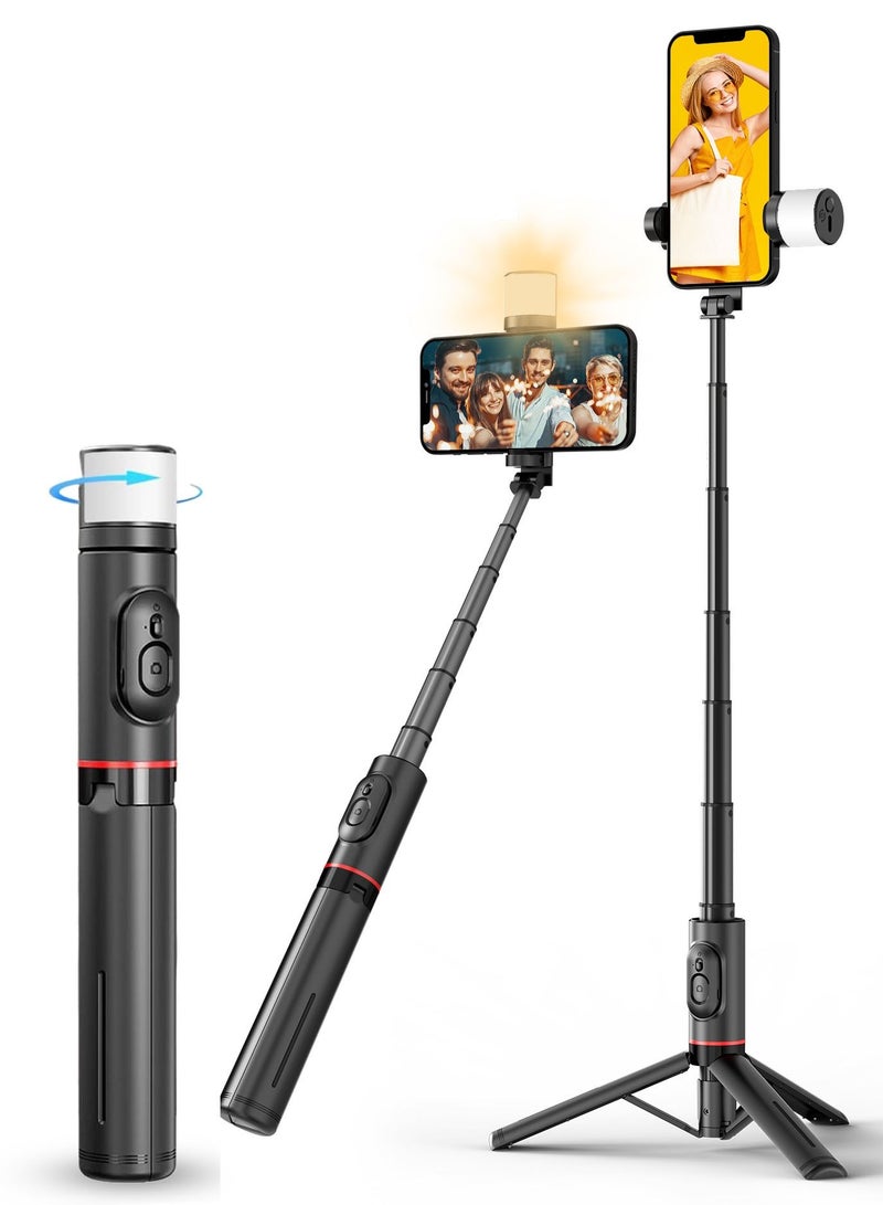 Portable Selfie Tripod Stick with Light Phone Extendable Holder Lightweight Phone Stand Travel Tripod for Selfies Video Recording Vlog Tiktok Vlog Youtuber Compatible with iPhone Android - Image 1