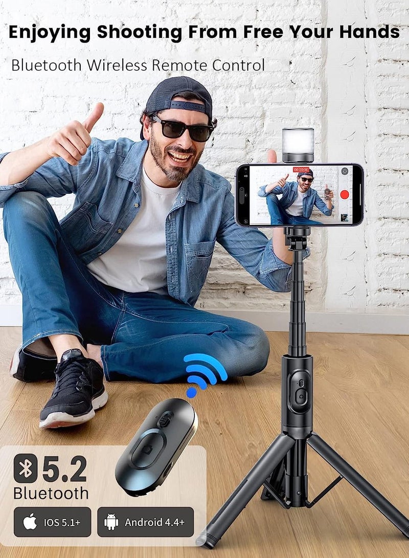 Portable Selfie Tripod Stick with Light Phone Extendable Holder Lightweight Phone Stand Travel Tripod for Selfies Video Recording Vlog Tiktok Vlog Youtuber Compatible with iPhone Android - Image 2