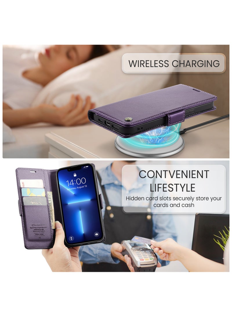 iPhone 13 Pro RFID Blocking Leather Flip Folio Wallet Case - Purple