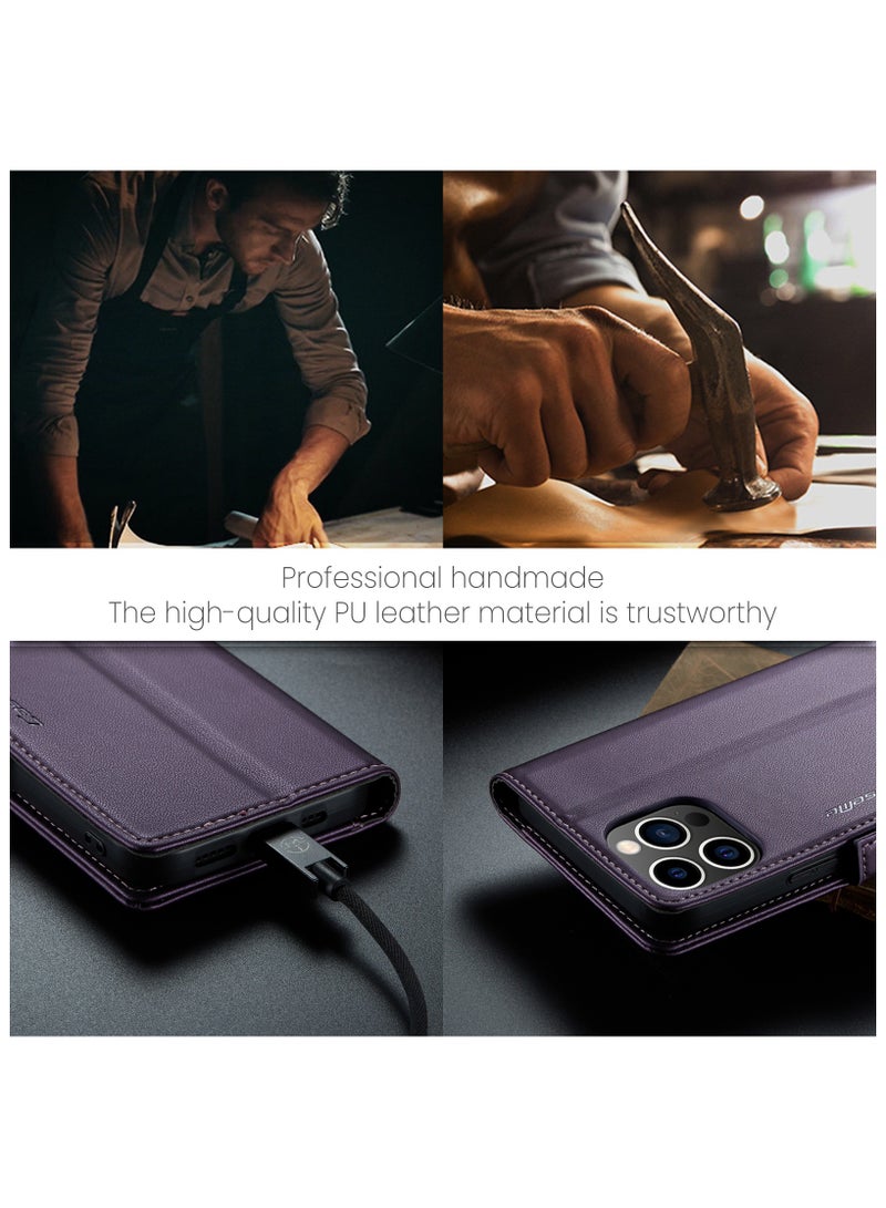 iPhone 13 Pro RFID Blocking Leather Flip Folio Wallet Case - Purple