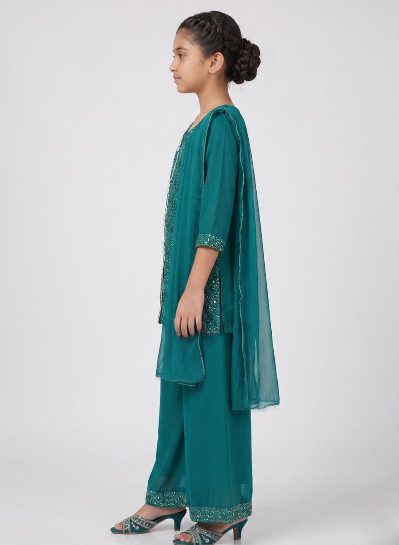 babyqlo Girls Teal Kurta Sharara With Dupatta - Image 5