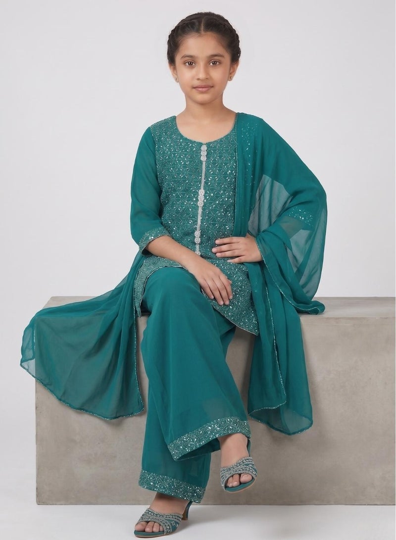 babyqlo Girls Teal Kurta Sharara With Dupatta - Image 3