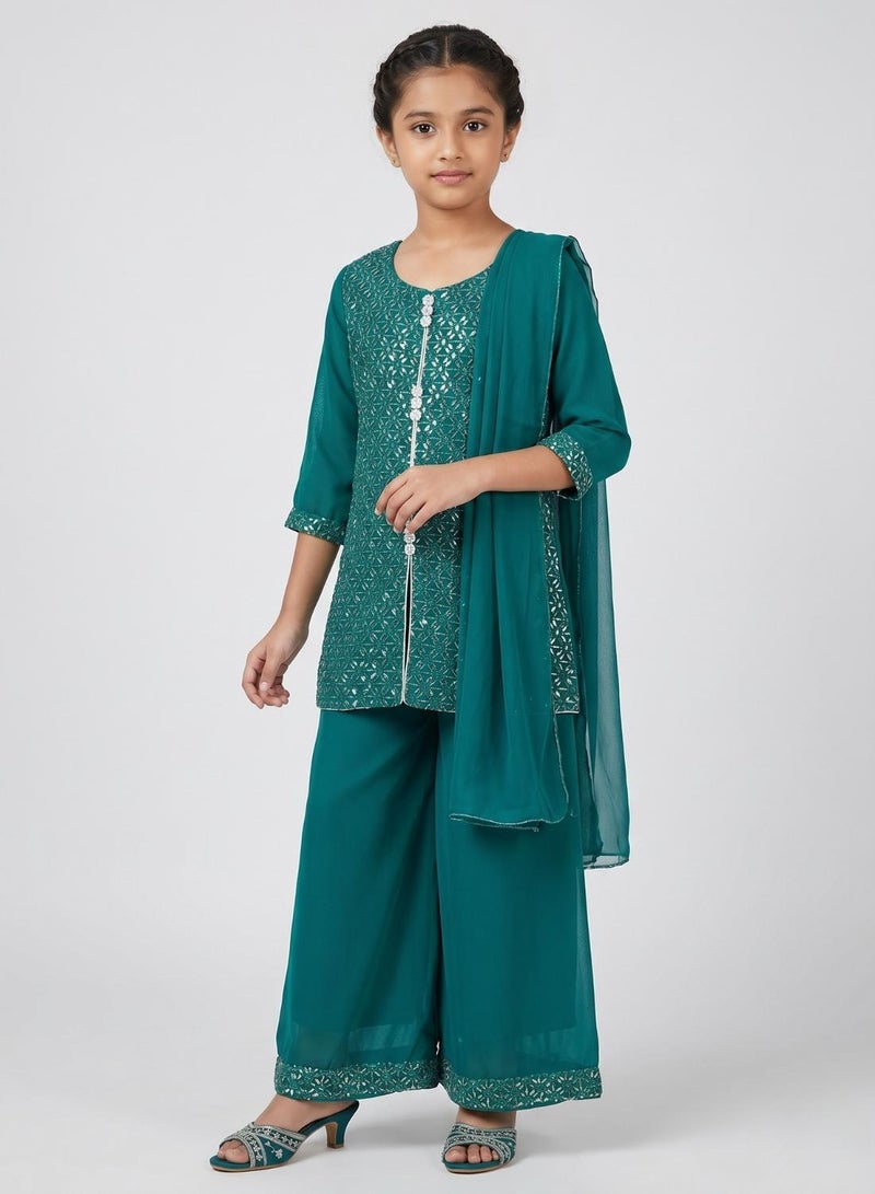 babyqlo Girls Teal Kurta Sharara With Dupatta - Image 4