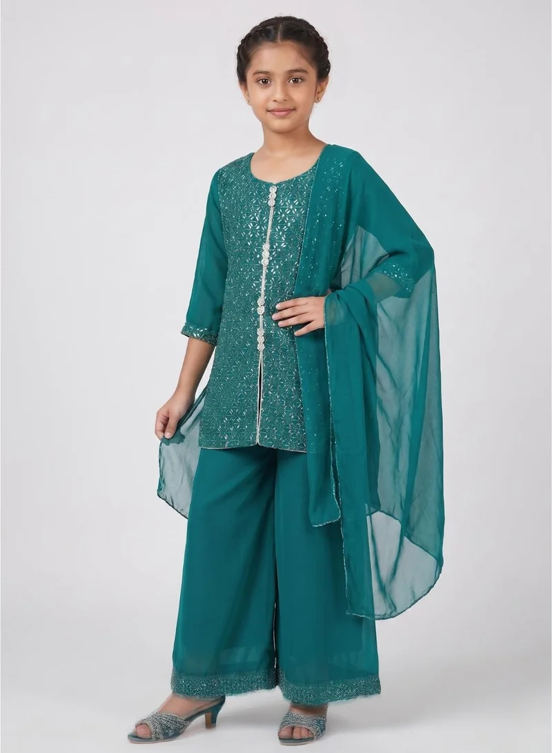 babyqlo Girls Teal Kurta Sharara With Dupatta