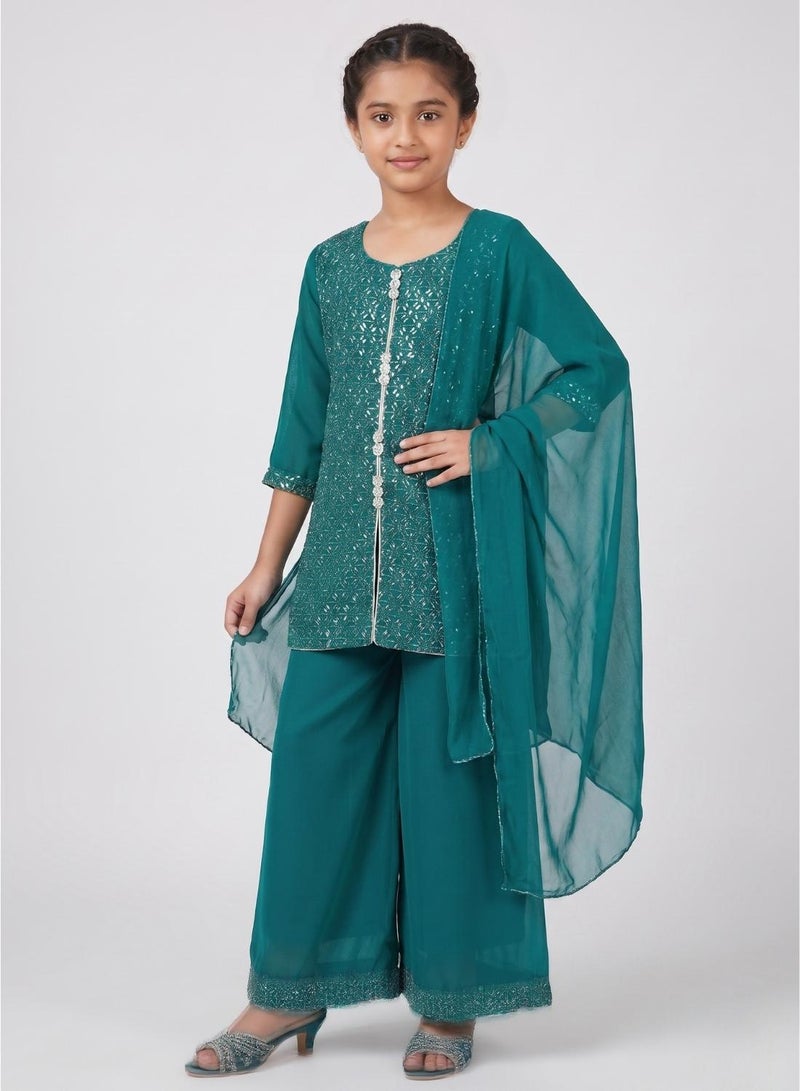 babyqlo Girls Teal Kurta Sharara With Dupatta - Image 1