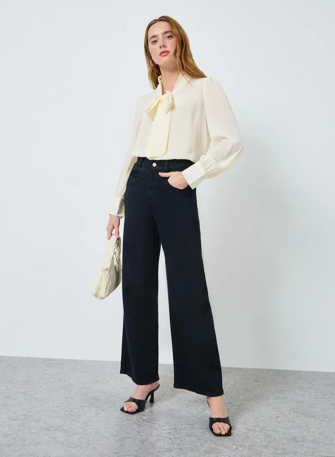 Take Two Women Solid Tie-up Neck Long Sleeve Chiffon Top