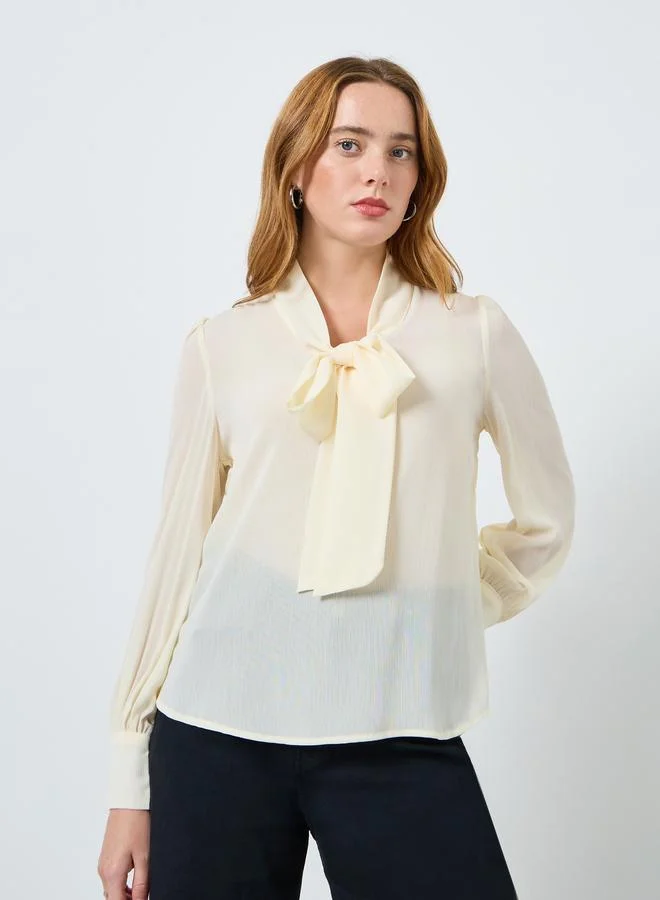 Take Two Women Solid Tie-up Neck Long Sleeve Chiffon Top