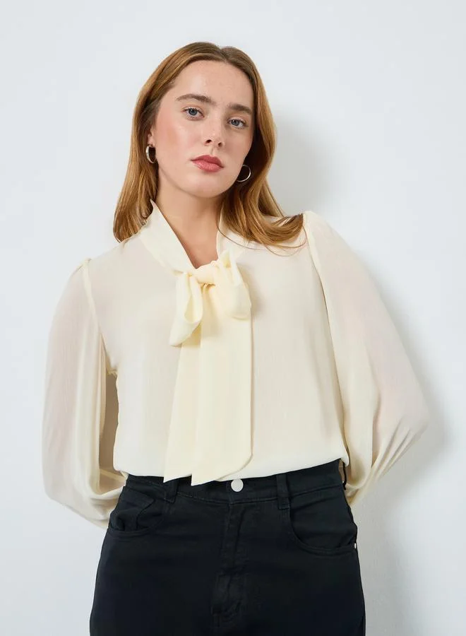 Take Two Women Solid Tie-up Neck Long Sleeve Chiffon Top