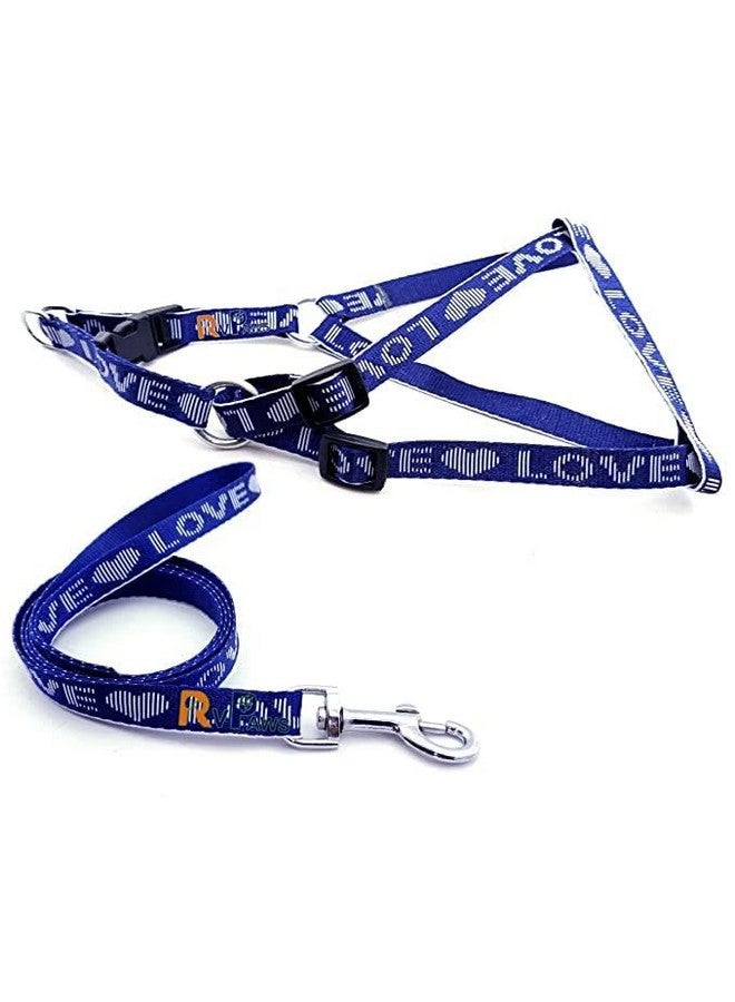Durable 15Mm Nylon Love Printed 0.5 Inch Harness And Adjustable Leash Harness Set Ideal For Walking And Training Dogs And Puppies (Blue) - Image 1