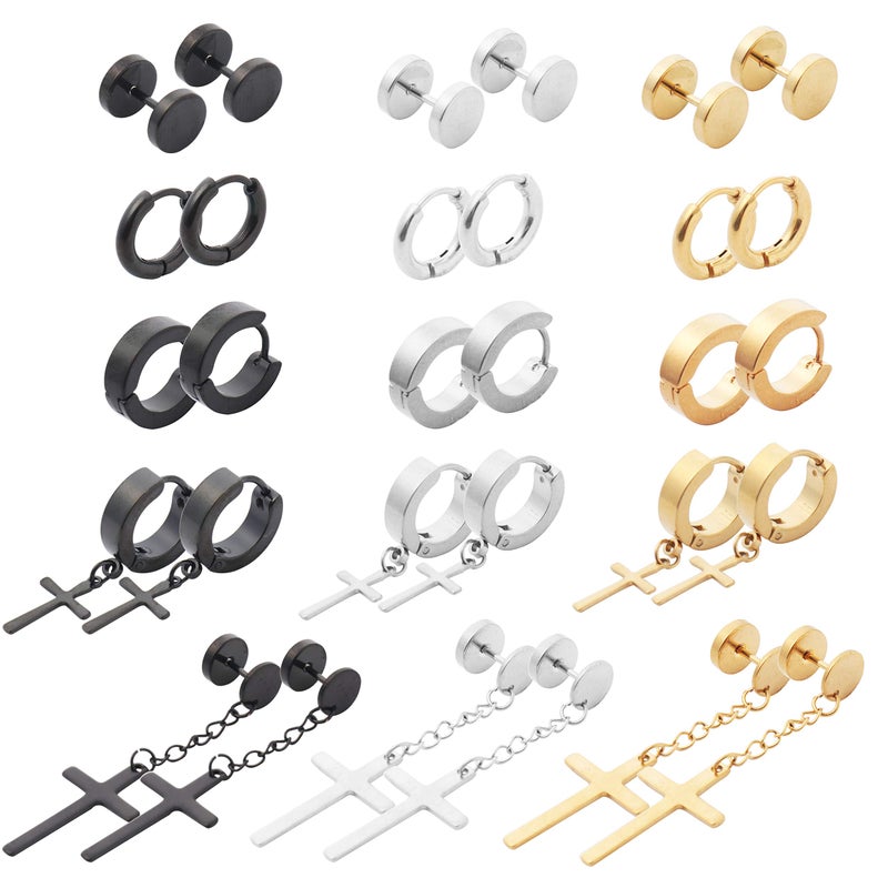 NEWITIN 15 Pairs Stainless Steel Stud Earrings for Men Hypoallergenic Earring Unisex Punk Studs Hoop Hinged Dangle Men Earrings Cross Earring Set for Women
