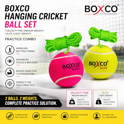 BOXCO Hanging Cricket Practice Balls Set of 2 | Medium & Light Weight Combo | Tennis Cricket Training Ball | Improves Batting Timing & Accuracy - Image 3