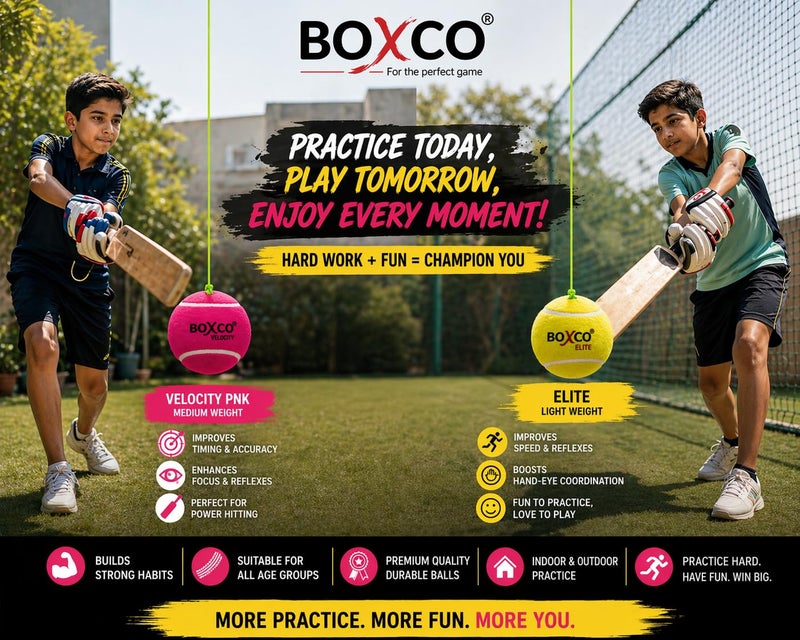 BOXCO Hanging Cricket Practice Balls Set of 2 | Medium & Light Weight Combo | Tennis Cricket Training Ball | Improves Batting Timing & Accuracy - Image 2