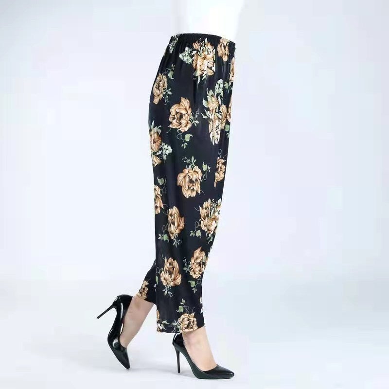 Summer Womens Ice Silk Pants Middle-aged and Elderly Loose Casual Home Pants Elacto Plus Fat Mother Pants Square Sports No.19 Nine-point Straight Pants 