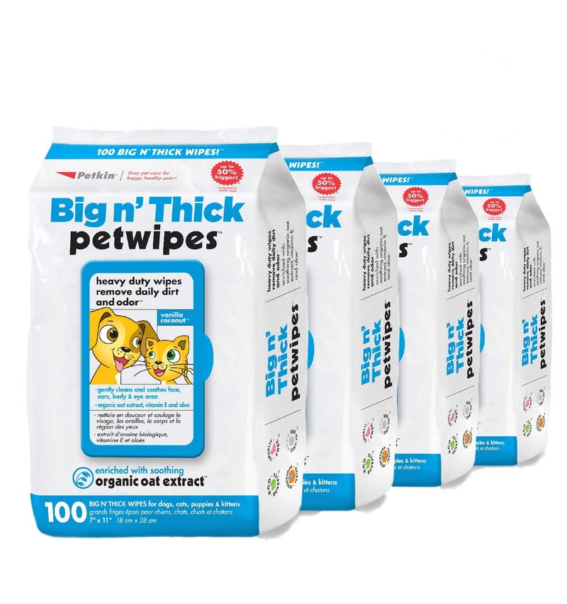 Petkin Pet Wipes for Dogs and Cats, 400 Wipes - Large Pet Wipes for Dogs and Cats - Cleans Ears, Face, Butt, Body and Eye Area - Convenient, Ideal for Home or Travel - 4 Packs of 100 Wipes - Image 1